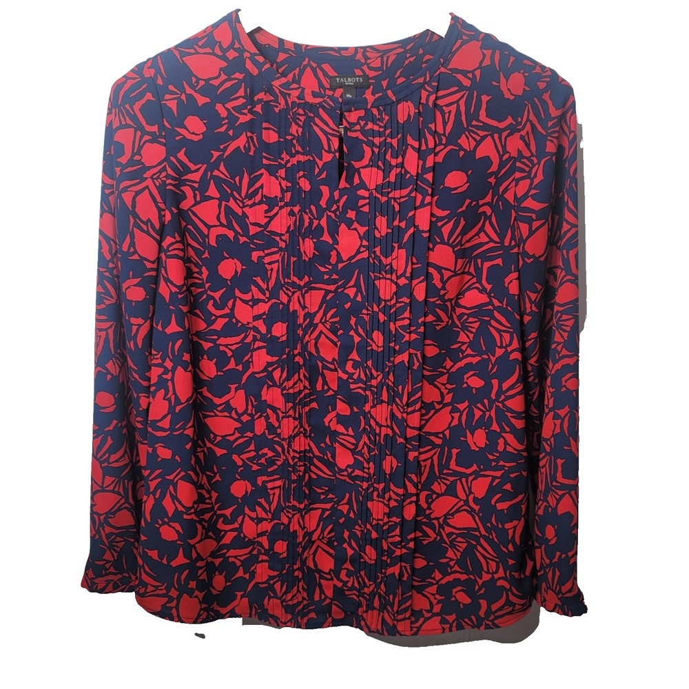 Talbots Shirt Womens M Petite Red Blue Floral Long Sleeve Lightweight Blouse
